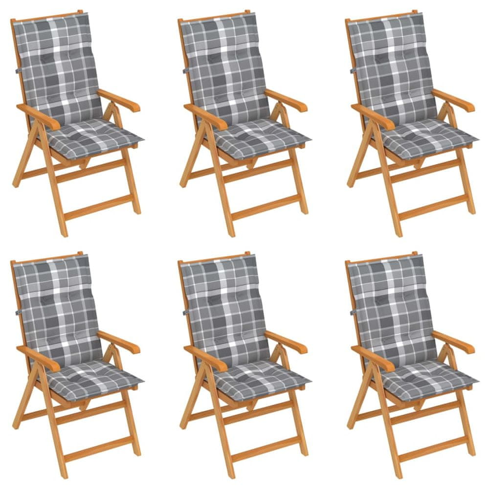Vidaxl Záhradné stoličky 6 ks so sivými kockovanými podložkami tíkový masív
